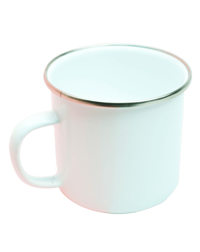 Taza peltre blanca orila metal